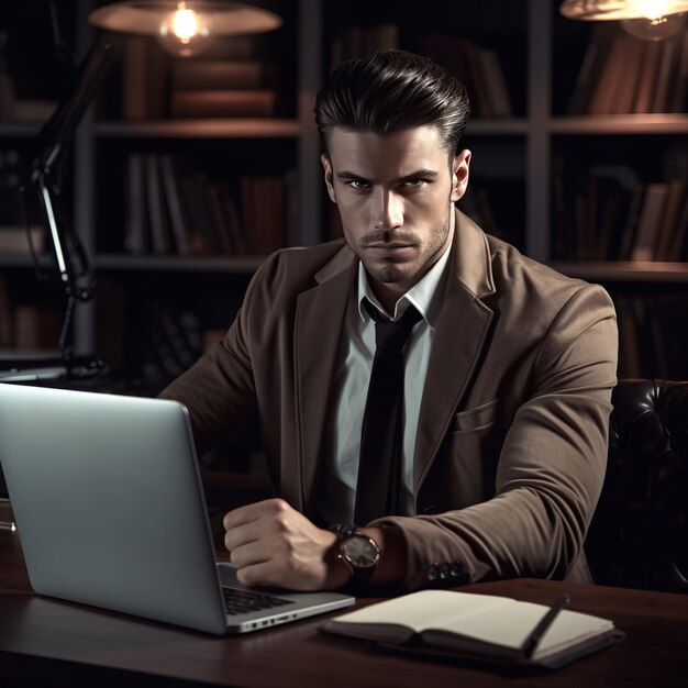 Um homem bonito e elegante no portátil no escritório.