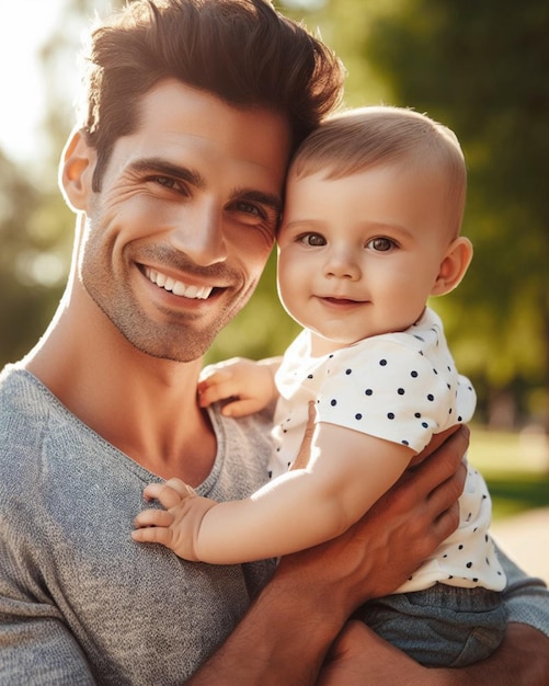um homem bonito e sorridente segurando seu filho