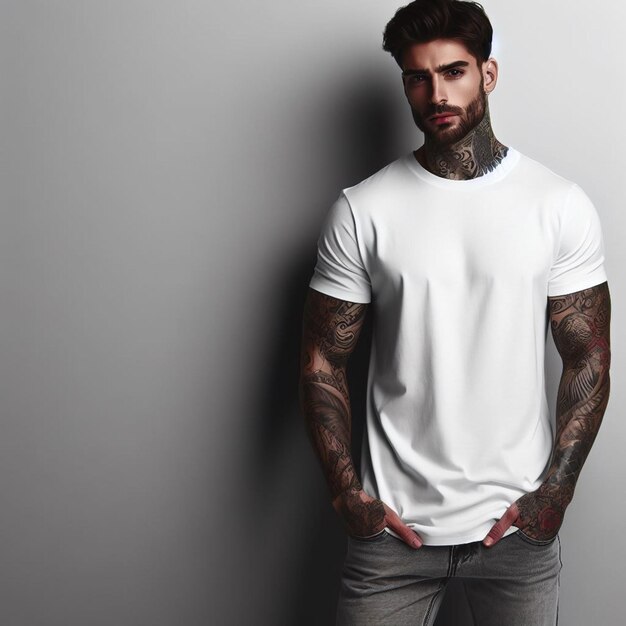 Foto um homem bonito e tatuado em camiseta branca em fundo cinza