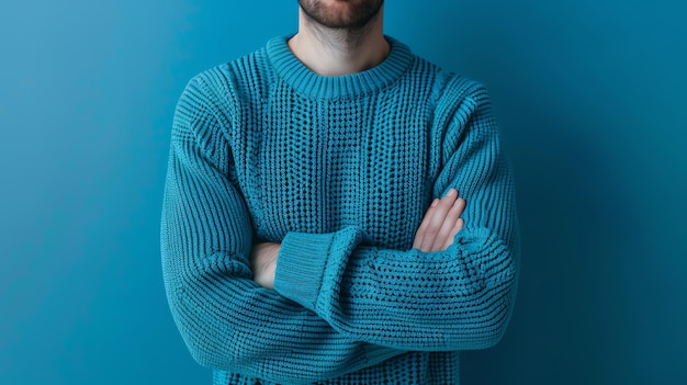 Um homem bonito vestindo uma camisola azul está contra um fundo azul Ele tem barba e seus braços estão cruzados