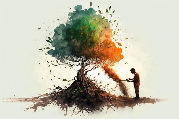 Um homem borrifa uma árvore com as cores da Índia.