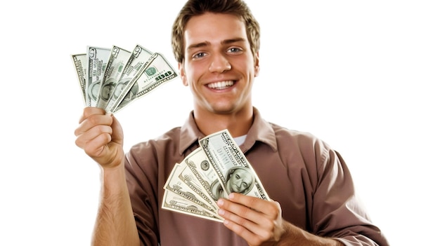 um homem branco segurando dinheiro em suas mãos com um sorriso em seu rosto corpo superior completo