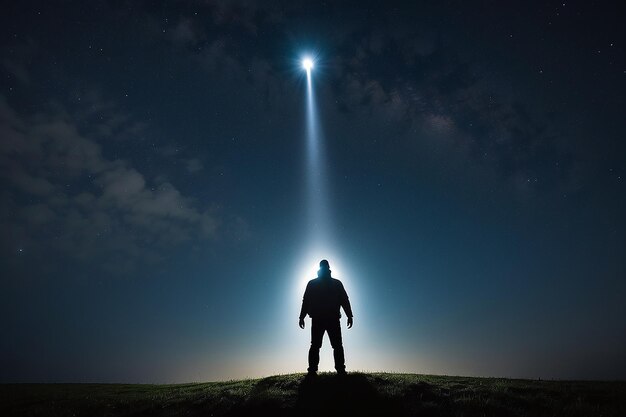 Um homem brilha para o céu com uma lanterna