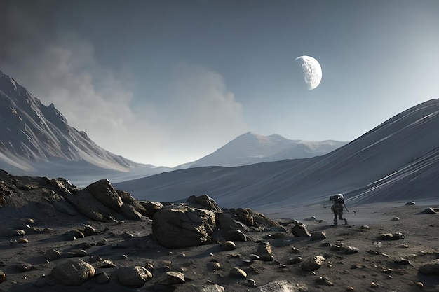 Um homem caminha em um deserto com uma lua ao fundo.