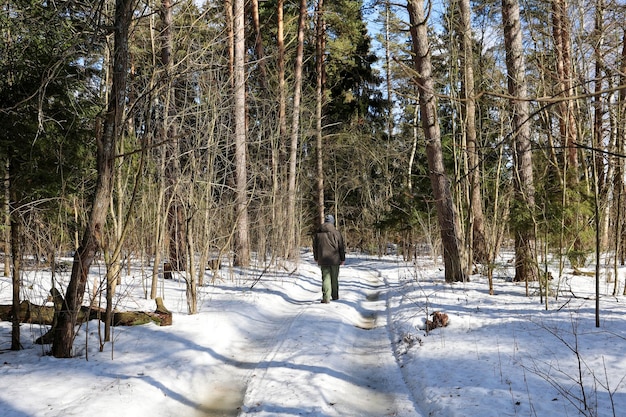 Um homem caminha em uma estrada de floresta nevada