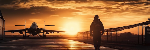 Um homem caminha em uma pista com um avião ao fundo