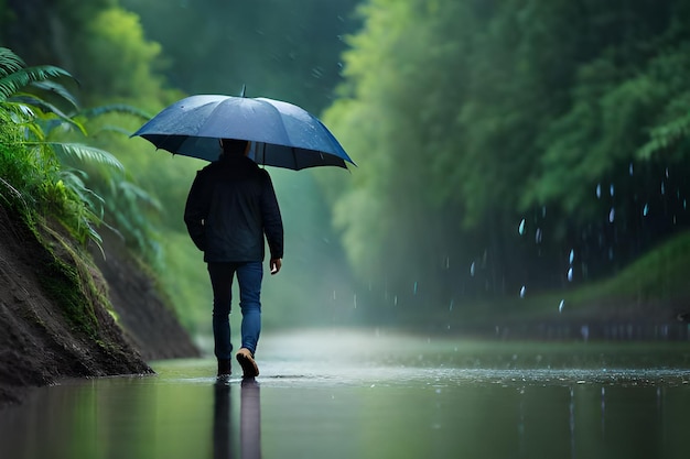 Um homem caminha na chuva com um guarda-chuva.