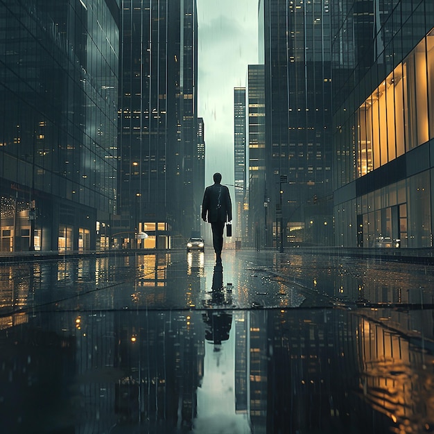 um homem caminha na chuva na frente de um arranha-céu