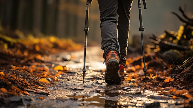um homem caminha na floresta com esquis nos pés
