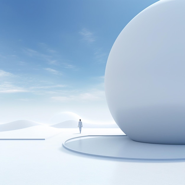 um homem caminha na frente de uma grande bola branca