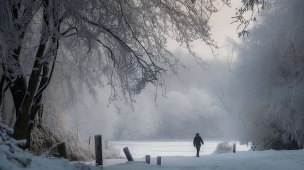 Um homem caminha na neve no inverno