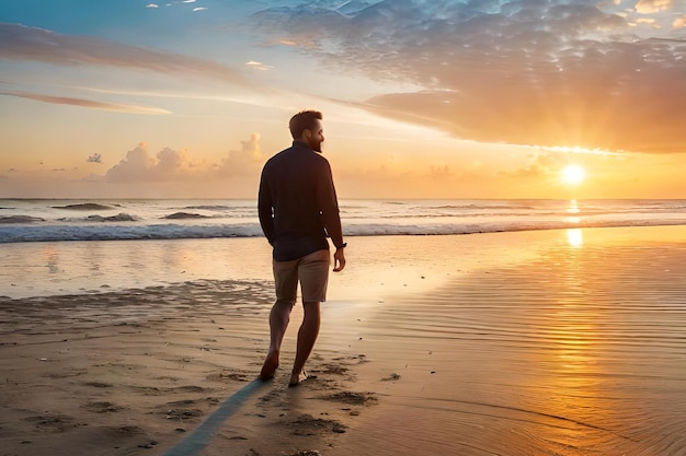 Um homem caminha na praia ao pôr do sol