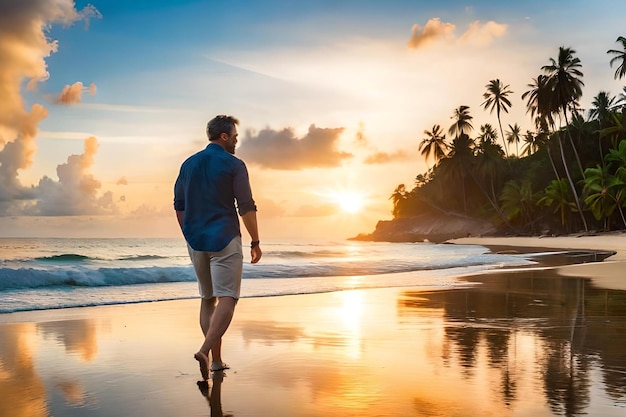 Um homem caminha na praia ao pôr do sol