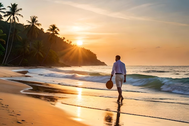 Um homem caminha na praia ao pôr do sol