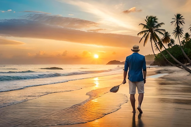 Um homem caminha na praia com um remo na mão.