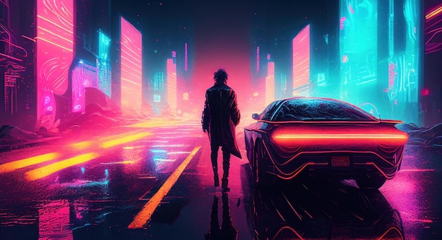Um homem caminha pela estrada no estilo neon cyberpunk da Generative AI
