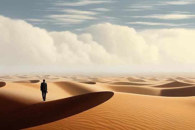 Um homem caminha pelo deserto com um homem a caminhar pela areia.