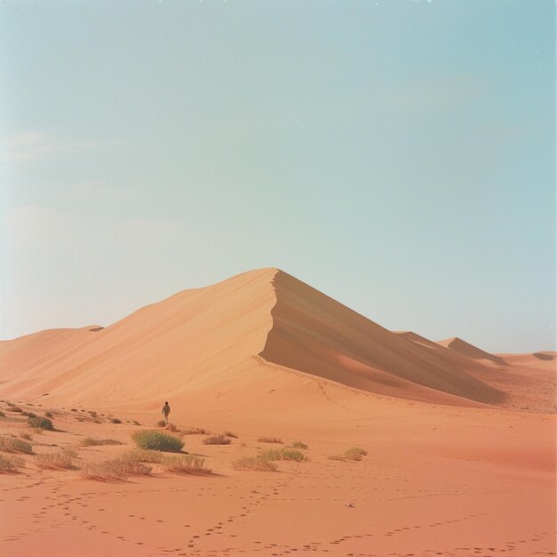 Um homem caminha pelo deserto com uma montanha ao fundo.