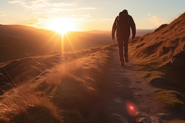 Foto um homem caminha por um caminho com o sol se pondo atrás dele.