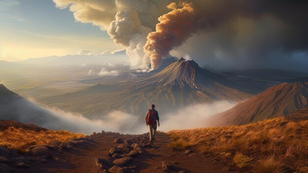 Foto um homem caminha por um caminho em direção a um vulcão
