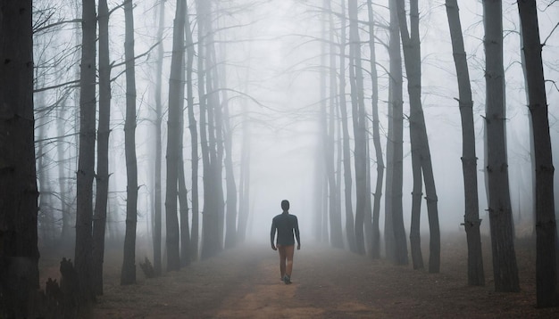 Um homem caminha por um caminho em uma floresta nebulosa.