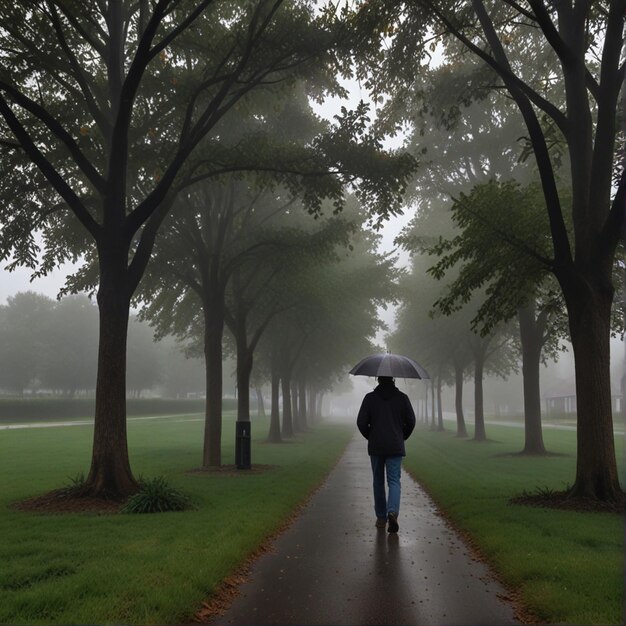 um homem caminha por um caminho na chuva com um guarda-chuva