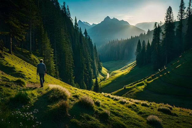 Um homem caminha por um caminho numa paisagem montanhosa.