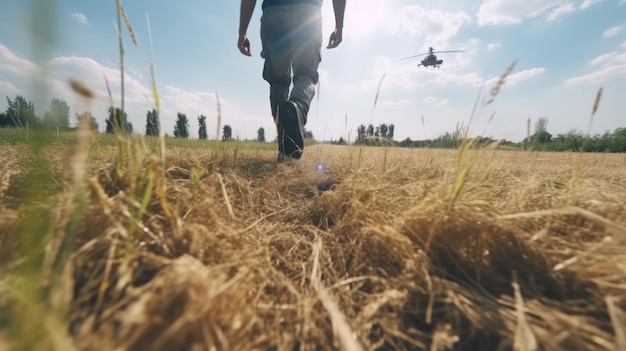 Um homem caminha por um campo com um helicóptero ao fundo