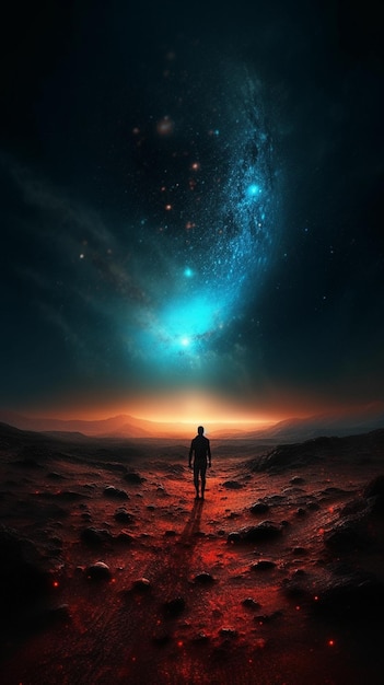 Um homem caminha por um deserto com as estrelas no céu.