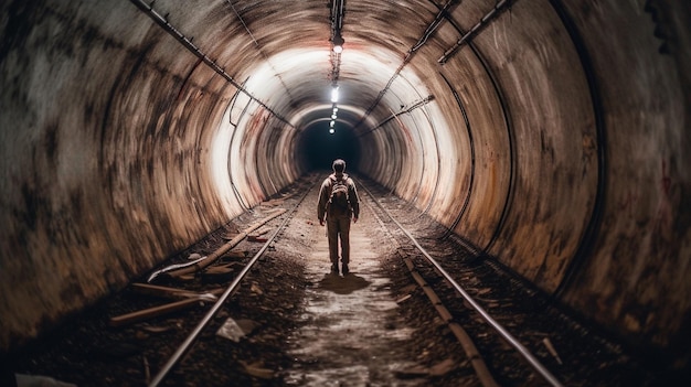 Foto um homem caminha por um túnel com as luzes acesas.