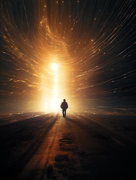 Foto um homem caminha por uma estrada com uma luz no rosto.