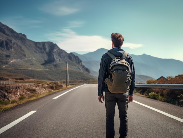 um homem caminha por uma estrada com uma mochila nas costas