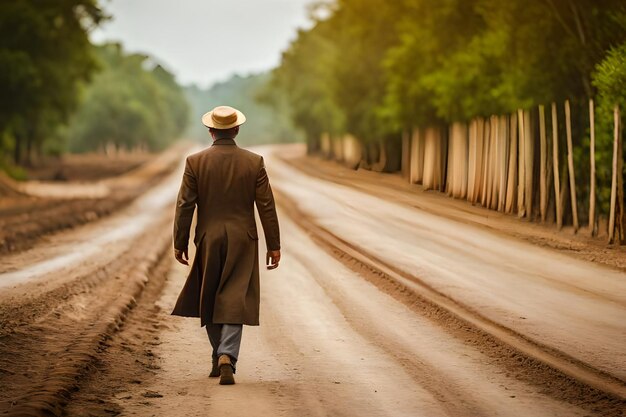 Foto um homem caminha por uma estrada de terra com um chapéu na cabeça