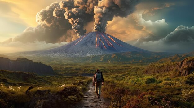 um homem caminha por uma estrada de terra em direção a um vulcão