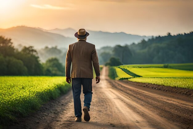 Um homem caminha por uma estrada de terra no campo