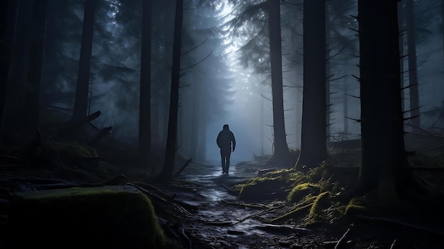 Um homem caminha por uma floresta com a luz brilhando por entre as árvores