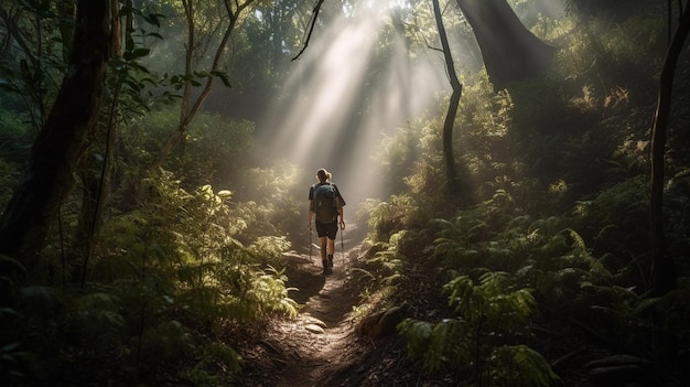 Um homem caminha por uma floresta com o sol brilhando por entre as árvores.