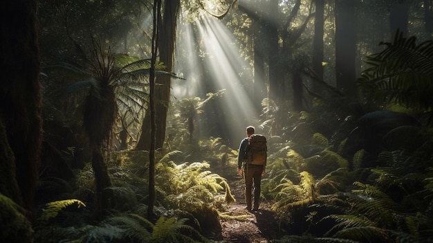 Um homem caminha por uma floresta com o sol brilhando por entre as árvores.