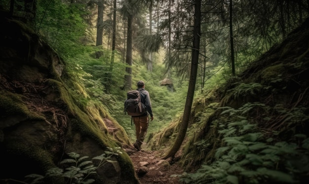 Um homem caminha por uma floresta com uma mochila nas costas.