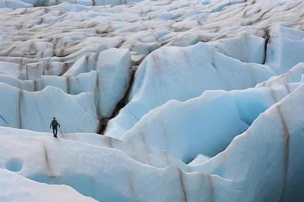 um homem caminha por uma geleira.