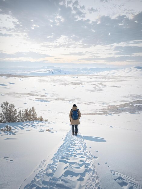 Foto um homem caminha por uma paisagem coberta de neve.