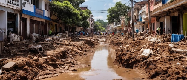 um homem caminha por uma rua inundada na cidade