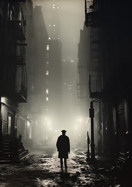 Um homem caminha por uma rua no escuro