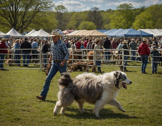 Foto um homem caminhando com um cachorro na frente de uma multidão de pessoas