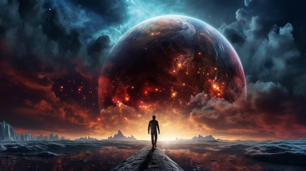 Um homem caminhando em direção a um planeta com um sol no fundo