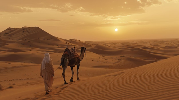 Foto um homem caminhando no deserto com um camelo ao pôr do sol ai generative