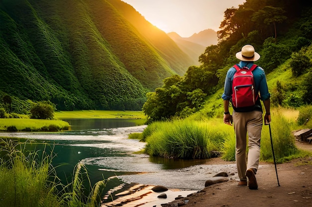 Um homem caminhando por um caminho em uma floresta tropical com montanhas ao fundo.