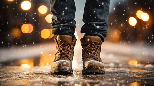 Foto um homem caminhando por um caminho nevado vestindo botas de inverno ia generativa