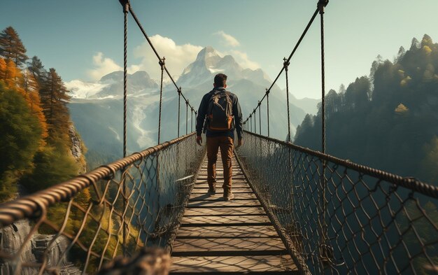 Um homem caminhando sobre uma ponte suspensa sobre um rio AI