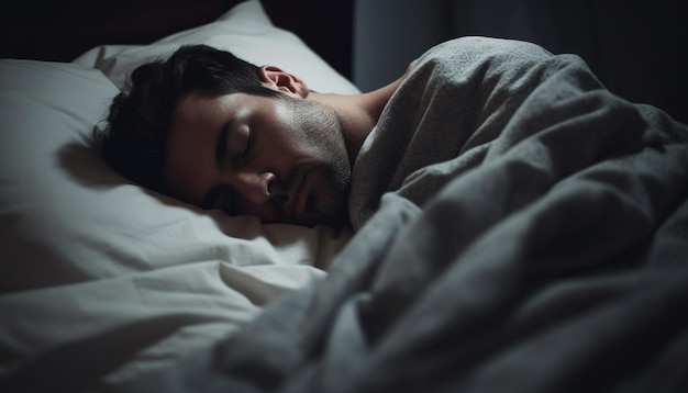 Um homem cansado descansa pacificamente em um confortável quarto escuro gerado por inteligência artificial